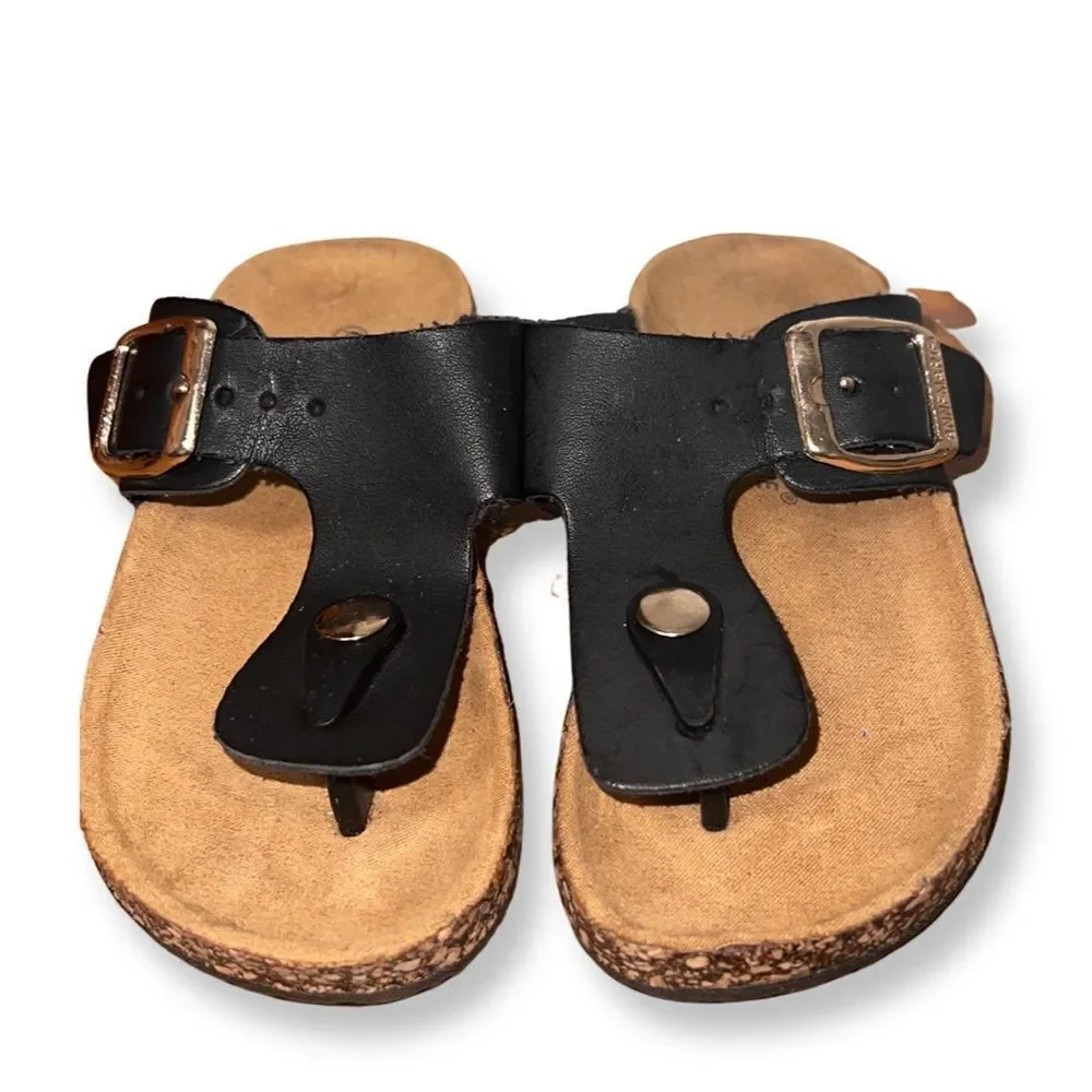 Anne Marie Little Kid Like Birkenstock Sandals Black  Faux Leather Tan Cork Heel